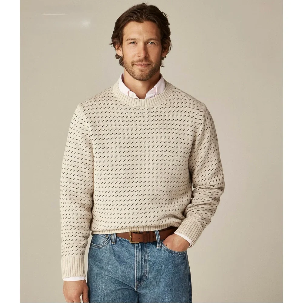 NWT J. Crew Heritage Cotton Sweater Bird's-eye Stitch Hthr Sand Inky Mocha
